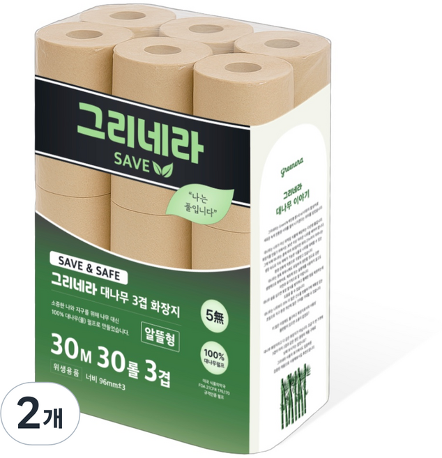 그리네라 save 알뜰형 먼지없는 깨끗한 무표백 무형광 뱀부 퓨어 대나무화장지 3겹 30M 30롤, 2개