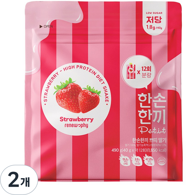 한손한끼 단백질 쉐이크 대용량 딸기맛, 2개, 490g