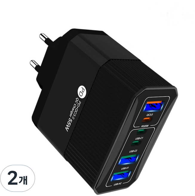55W 접지 초고속 충전기 6포트 2TYPE-C+2USB+PD+QC 적용애플 아이폰 아이패드 삼성 갤럭시 픽셀 고속 전원 어댑터SJCDBK, 2개, 블랙BK308