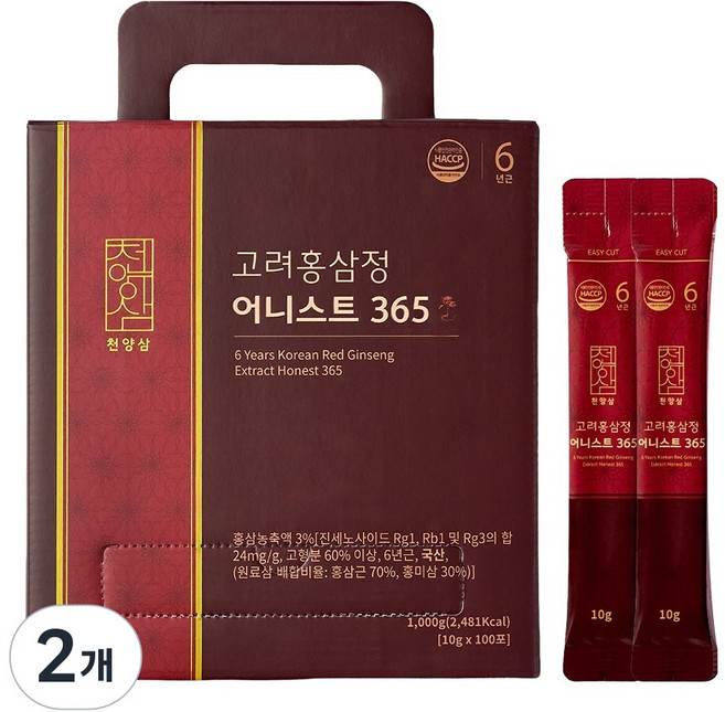 천양삼 6년근 고려홍삼정 어니스트 365 홍삼스틱 100포, 1kg, 2개