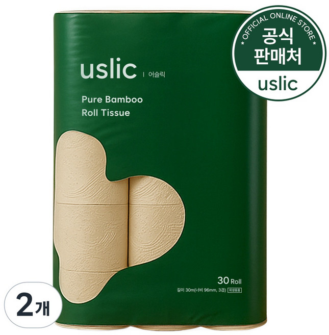 [국내제조] 어슬릭 대나무휴지 천연펄프 3겹 프리미엄 먼지적은 화장지, 2개, 30롤, 30m