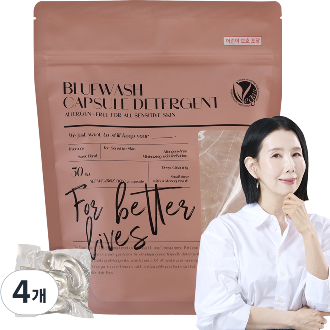 블루워시 비건 임산부 신생아 유아 초고농축 세탁 캡슐 세제 스위트 플로럴향, 4개, 30개입