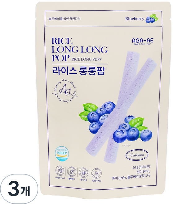 라이스롱롱팝 유기농 쌀과자 떡뻥, 3개, 20g, 블루베리