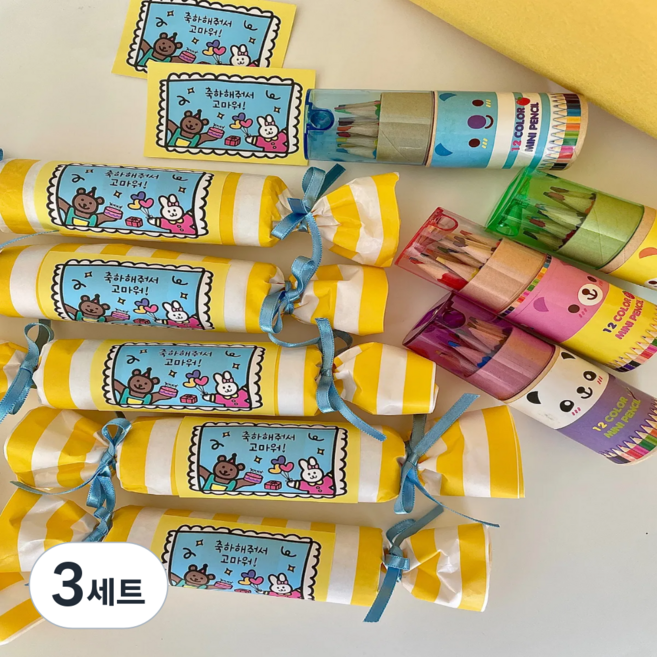 어린이집 유치원 생일선물 답례품 구디백 미니색연필 6개 + 스티커6개 세트, 3세트, 단품