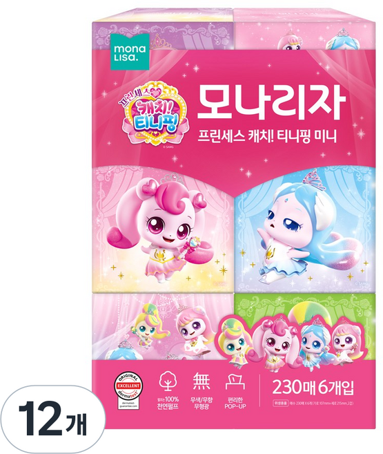 모나리자 캐치 티니핑 미니 천연펄프 미용티슈 2겹, 230개입, 12개