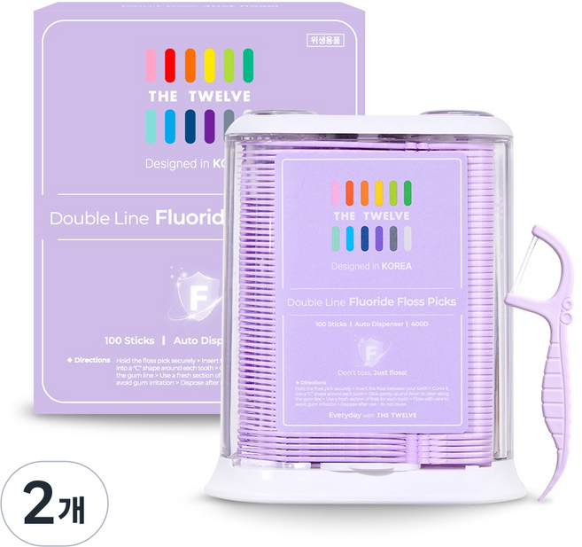 더트웰브 더블라인 원터치 불소 치실 디스펜서형 400D 얇은 치실, 2개, 100개입, 1.8cm