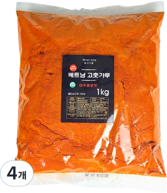 국내세척가공 베트남 고운 고춧가루 소스용 아주 매운맛, 1kg, 4개