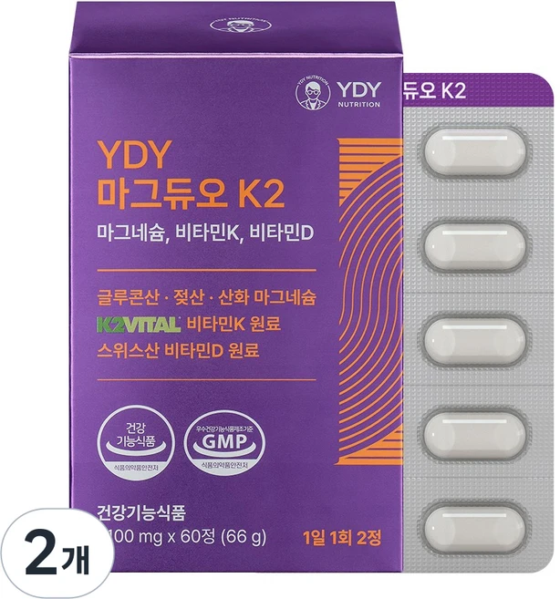 YDY 마그듀오K2 마그네슘 비타민D 비타민K, 2개, 60정 - 쿠팡