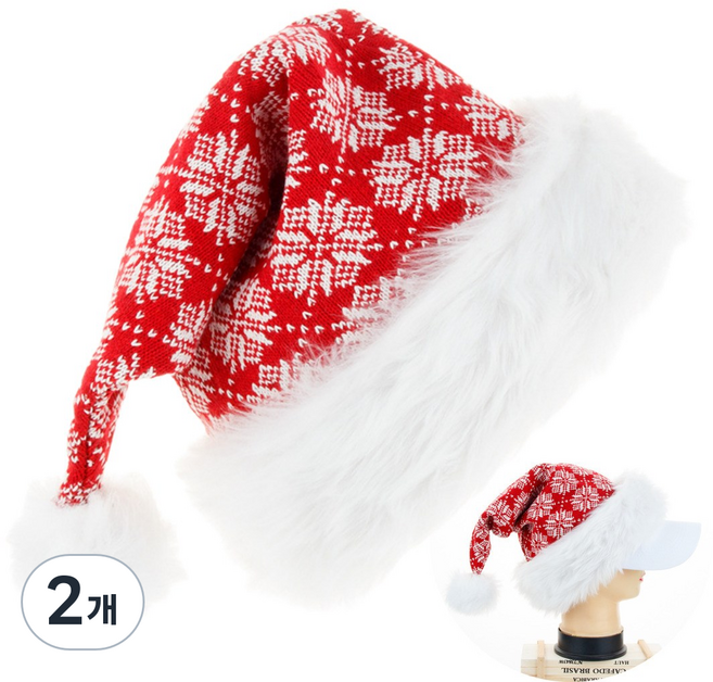크리스마스 니트 울 믹싱 플러시 산타모자, 2개, 레드 눈꽃