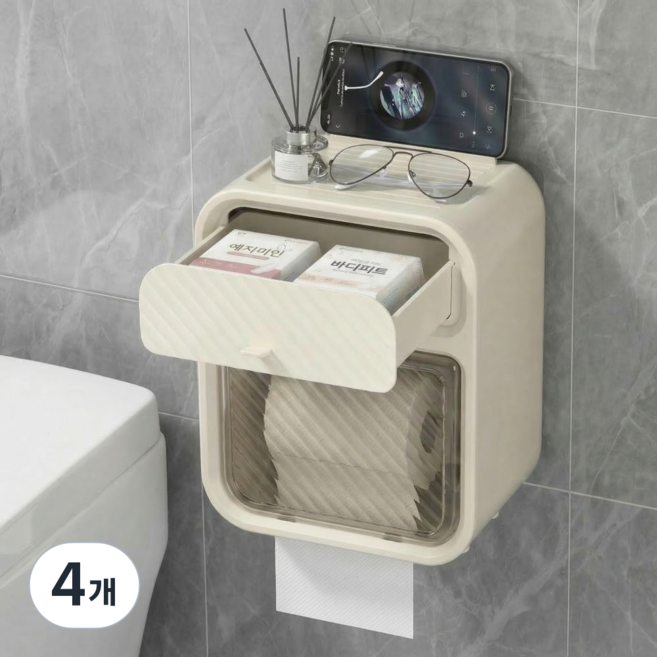 상덕 욕실 벽걸이 휴지 케이스 무타공 방수 화장실 티슈 보관함 선반 수납 휴지걸이, 4개, 아이보리