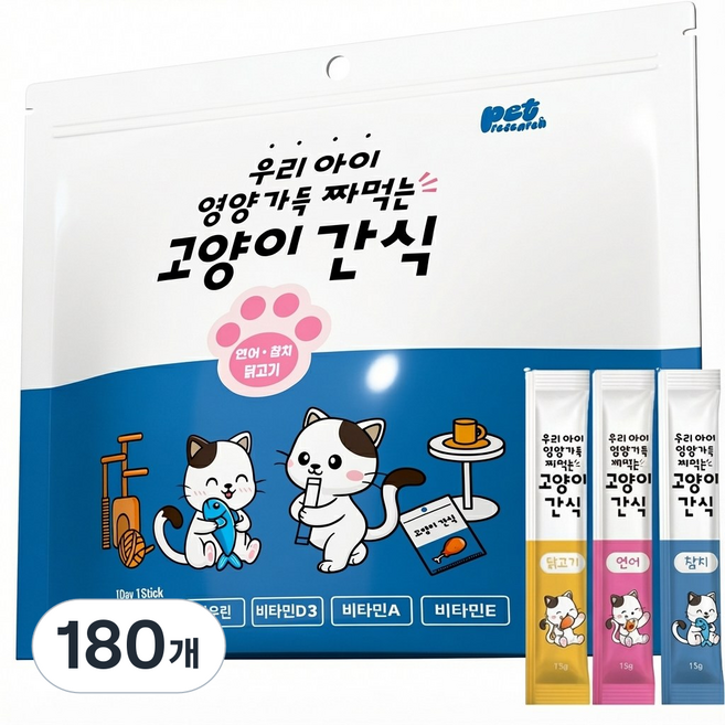 펫리서치 짜먹는 고양이 간식 츄, 참치+연어+닭고기, 15g, 180개
