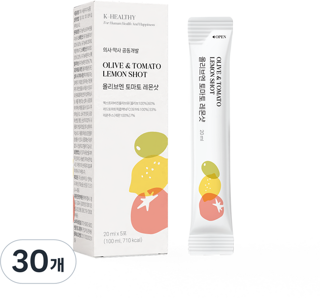 케이헬시 올리브 토마토 레몬 샷 엑스트라 버진 등급 지중해 올리브유 레몬 스틱 올토레, 30개, 20ml