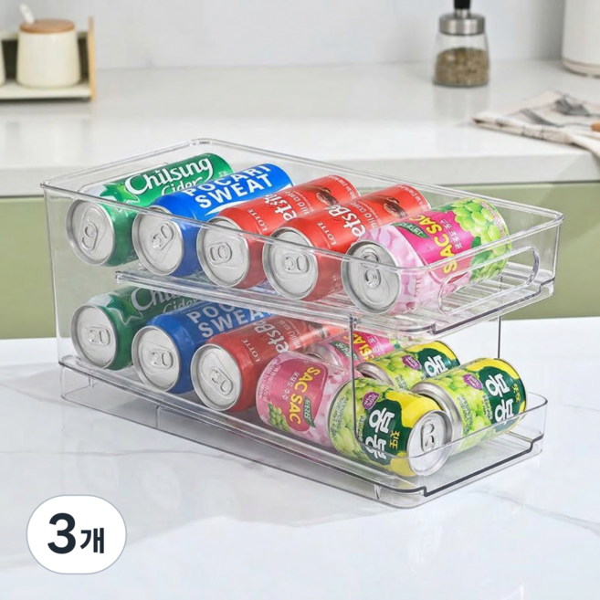 상덕 2단 냉장고 캔 정리대 음료수 맥주 캔 보관 트레이 냉장고 음료 정리함, 3개, 투명해요