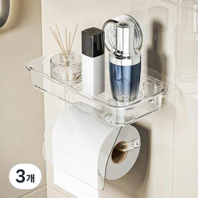 탈부착가능 허니앤코 강력흡착식 무타공 선반 거치대형 화장실 휴지걸이, 3개, 투명