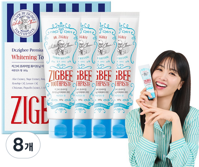 지그비 누렁니 화이트닝 치아 미백 케어 치약 레몬민트향, 8개, 107g
