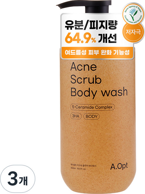 피지제거 64% 등드름 약산성 향기좋은 에이옵트 아크네 바디워시, 3개, 500ml