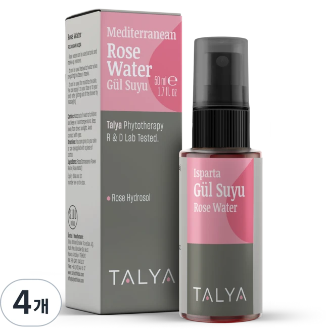 탈야 로즈워터 다마스크장미꽃100% 터키장미수, 4개, 50ml - 쿠팡