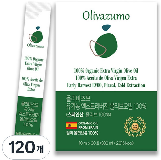 올리바즈모 유기농 엑스트라버진 올리브오일 100 % 스틱, 120개, 10ml