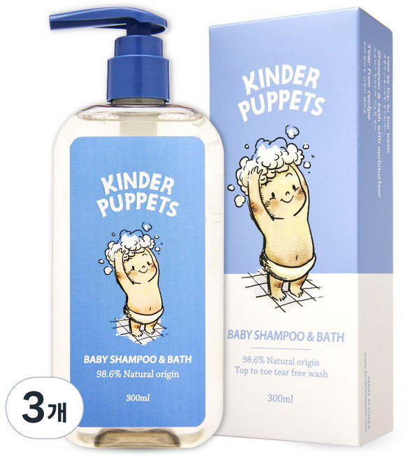 [티어프리] 킨더퍼페츠 베이비 바디워시 앤 샴푸 신생아 겸용, 300ml, 3개