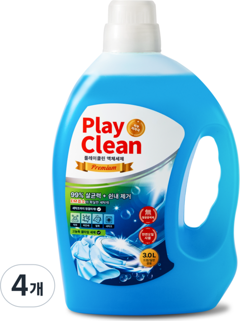 플레이클린 알칼리 액체세제 대용량 고농축 찌든때 쉰냄새 땀냄새 얼룩제거 세탁세제, 4개, 3L