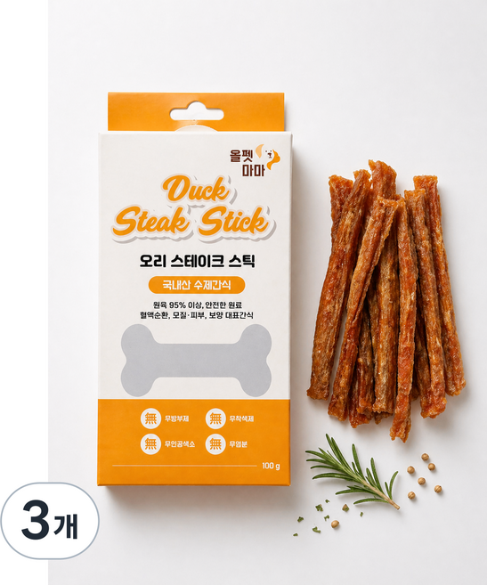 올펫마마 강아지간식 애견간식 오리 스테이크 100g 알러지 저지방 소포장 간식, 3개