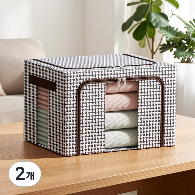대용량 옷수납함 리빙박스 패브릭 수납박스 투명창 접이식 옷정리 이불정리, 하운드투스, 2개