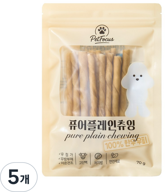 펫포커스 한우우피껌 오래먹는 강아지껌 국내산 수제간식, 5개, 70g, 퓨어플레인츄잉