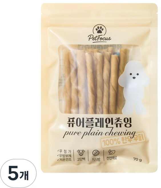 펫포커스 한우우피껌 오래먹는 강아지껌 국내산 수제간식, 5개, 70g, 퓨어플레인츄잉 - 쿠팡