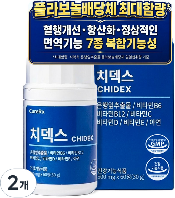 큐어알엑스 치덱스 건강기능식품 징코 헤스페리딘 유산균 혈행개선 영양제 은행잎 추출물, 2개, 60정