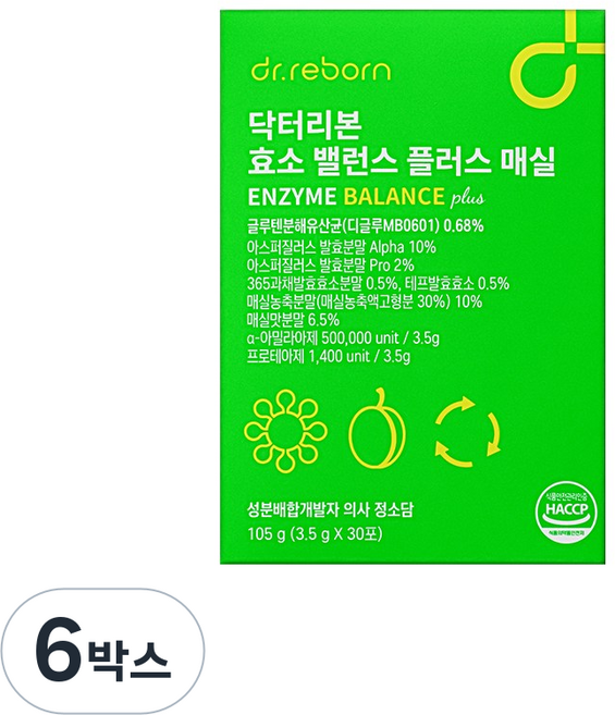 닥터리본 의사가만든 테프효소 밸런스 NEW 매실 알파CD 특허받은 글루텐 분해 유산균 함유 속 편안한 건강효소 글루텐 걱정 끝, 6박스, 30회분