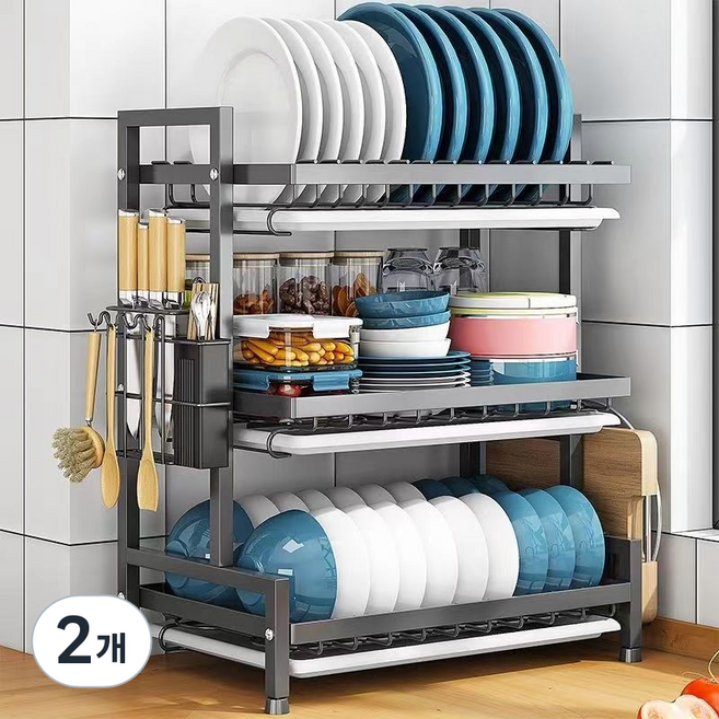 52cm 대용량화주방 다용도 식기건조대 그릇정리대 풀세트, 2개, 블랙, 3단
