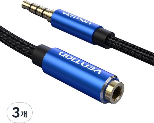 벤션 4극 TRRS 스테레오 AUX 연장케이블 블루 BHC, 5m, 3개