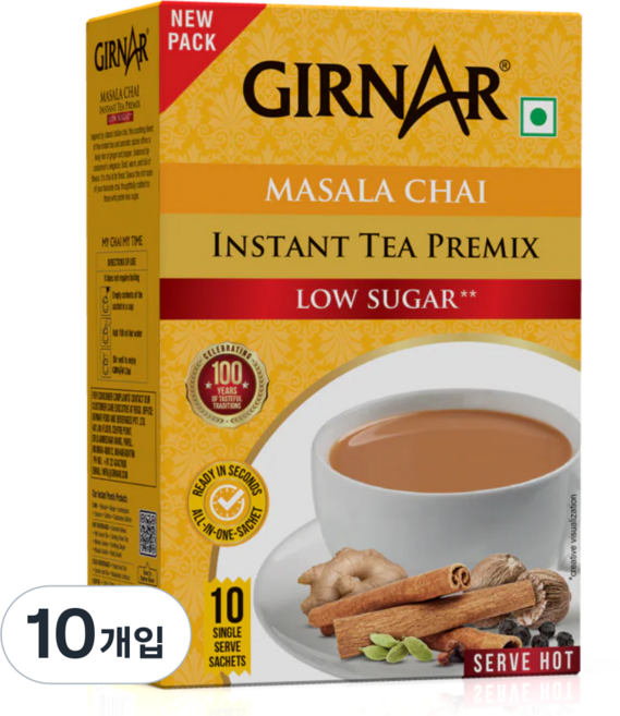 GIRNAR MASALA CHAI MIX 라이트 슈거 인도 홍차 밀크티 마살라 차이 믹스 라떼, 2박스, 80g