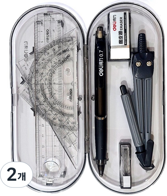 미룬토 제도용 컴퍼스 룰러 각도기 삼각자 8종 세트(2종), 2개, 둥근 모서리 케이스