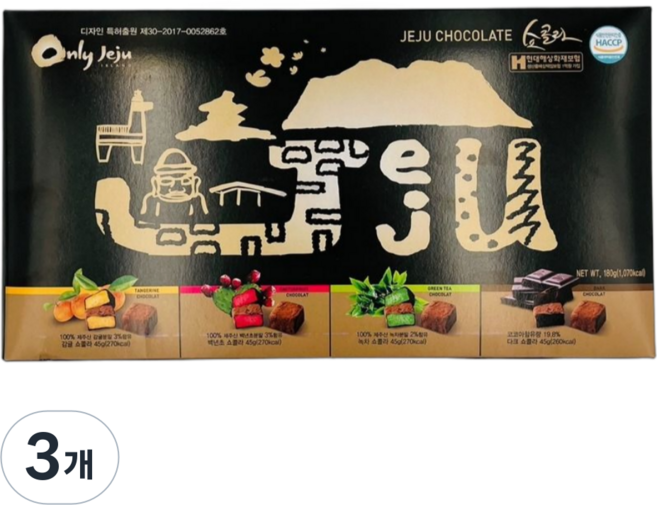 제주 초콜릿 쇼콜라 4가지맛 세트 감귤 백년초 녹차 다크 특산물, 180g, 3개