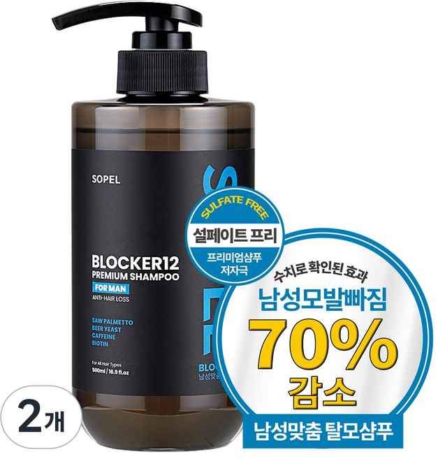 남자 탈모샴푸 쏘펠 블로커 1 2 남성맞춤 탈모 샴푸 바이오틴 탈모샴푸 카페인 맥주효모샴푸, 2개, 500ml