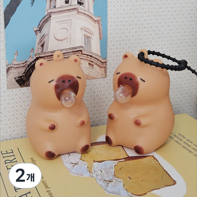 리빙릿 풍선부는 카피바라 말랑이 콧물 스퀴시 인형 풍선껌 키링 모찌, 2개, 기본형