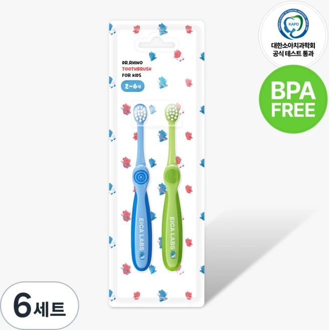 BPA FREE 에이카랩스 어린이 유아 코뿔소 칫솔 2종 만2세 이상 초등학교 저학년 유치원 어린이집, A타입(파랑+연두), 6세트, 2개입 - 쿠팡