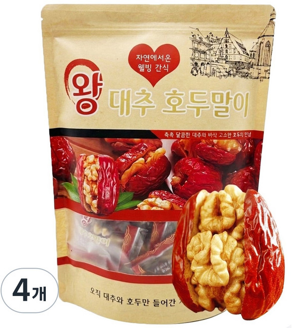 프리미엄 왕대추 호두말이 첨가물없는 자연그대로의 달콤함 건강간식 부모님 선물 중국간식 개별포장, 500g, 4개