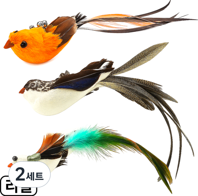 스마일플로우 진짜같은 새 고양이 최애 풀세트 튼튼 고정 낚시대 장난감, 2세트, 새인형 3종