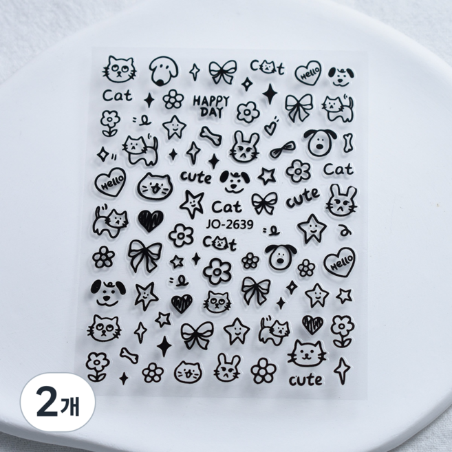 샵글로벌 만화 낙서 네일아트 스티커 귀여운 고양이 강아지, 2개, 캣블랙