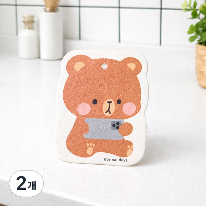 식물성 셀룰로스 착한 수세미 친환경 자연분해 제로웨이스트 천연펄프 스펀지 감성 캐릭터 어린이집 학원 모임 선물 답례품, 곰, 2개, 1개