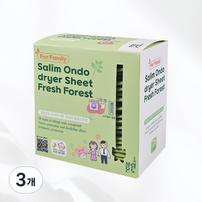 살림온도 건조기시트 프레쉬 포레스트향 (Fresh Forest) 알러지26종 검사완료, 3개, 80매입