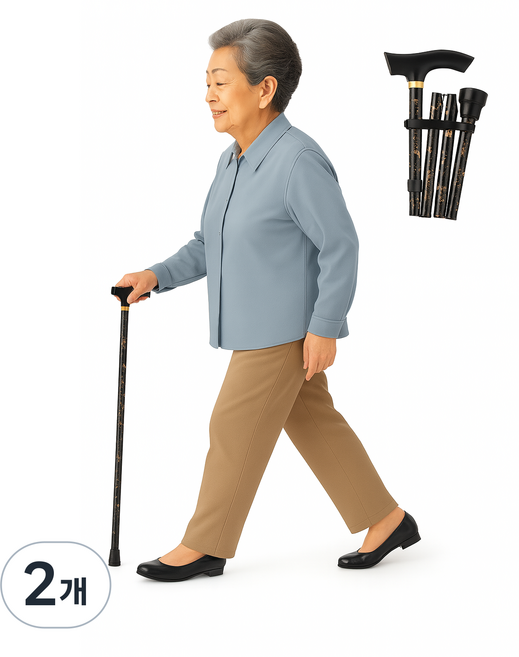 플로엔트 초경량 꽃무늬 접이식 지팡이 어르신 길이 조절 패션 휴대용 지팡이, 2개, 블랙(Black)