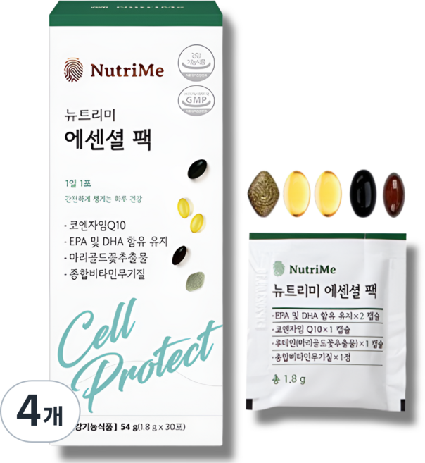 뉴트리미 에센셜팩 올인원 멀티팩 멀티비타민 미네랄 코큐텐 루테인 오메가3 하루한팩 종합 영양제, 4개, 150정