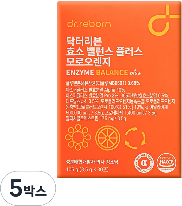 닥터리본 의사가만든 테프 효소 밸런스 NEW 모로오렌지 알파CD 특허받은 글루텐 분해 유산균 함유 속 편안한 건강효소 글루텐 걱정 끝, 5박스, 30회분