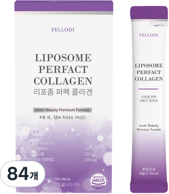 펠로디 리포좀 퍼펙 액상 콜라겐 1포당 3000mg 초 저분자 300달톤 어린 피쉬 펩타이드 먹는 마시는 스틱 NMN 히알루론산 엘라스틴, 20g, 84개