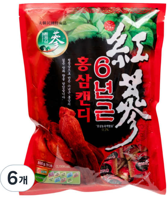 청정인삼 6년근 고함량 홍삼 캔디, 800g, 6개