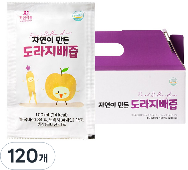 자연식품 자연이 만든 도라지배즙 파우치, 120개, 100ml