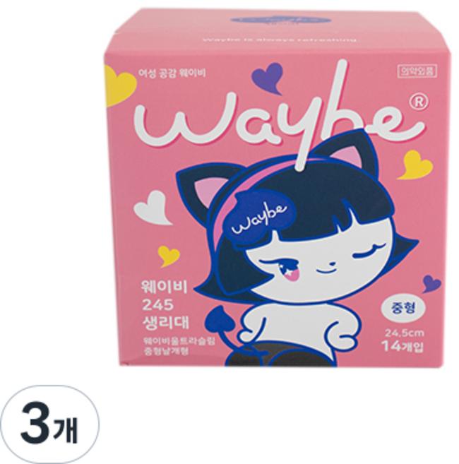 웨이비 생리대 순간흡수 드라이탑시트 울트라슬림, 3개, 14개입, 중형